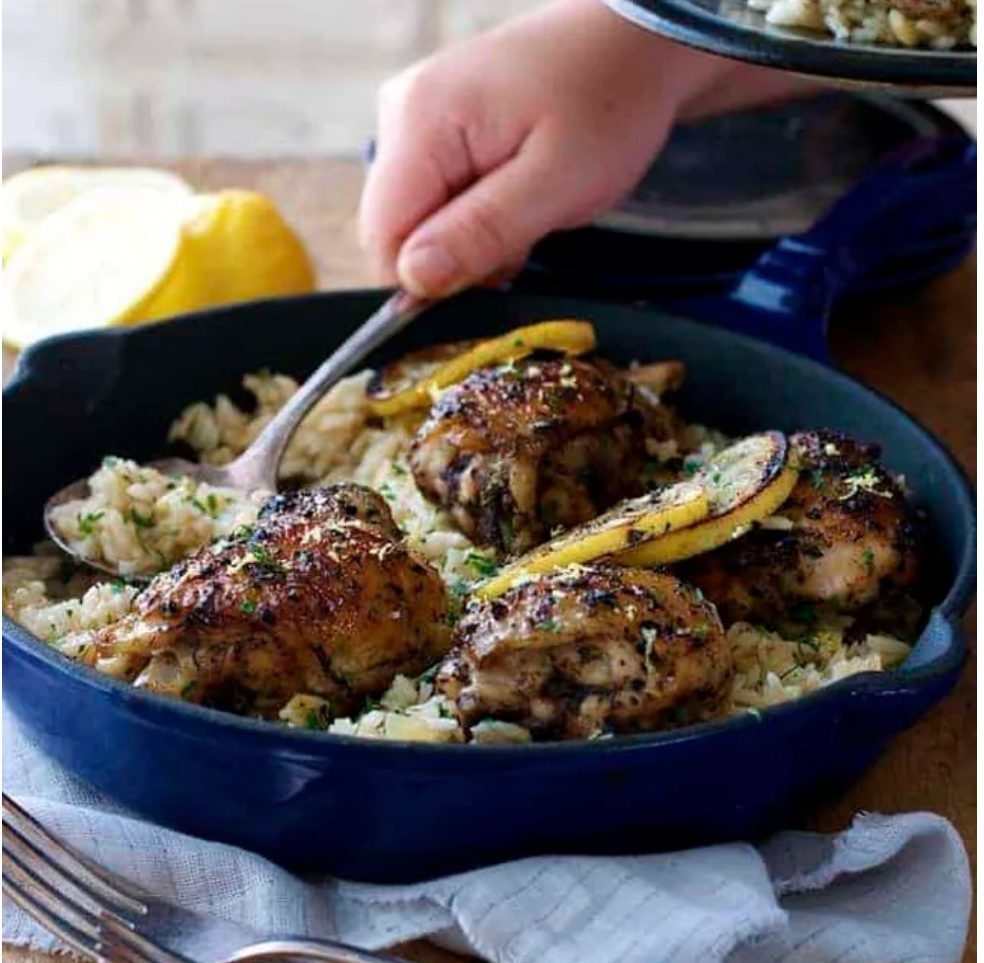 One Pot Greek Chicken and Lemon Rice